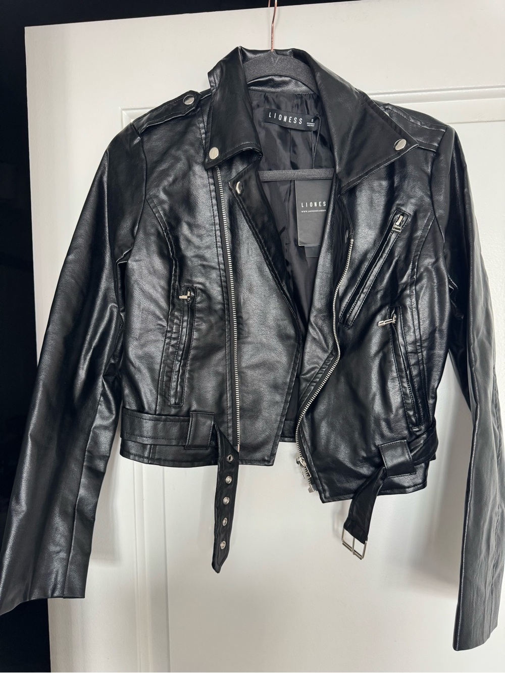Lioness Black Faux Leather Biker Jacket with Belt
